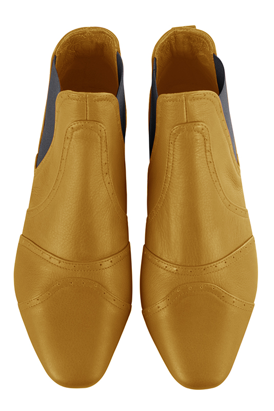Women's mustard yellow and ash grey elegant Chelsea ankle boots, with side elastics. Square toe. Flat block heels - Top view